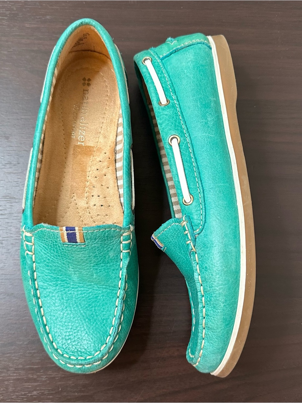 Naturalizer Teal Blue Leather Round Toe Slip-On Comfort Loafers, Boat Shoe, 6.5